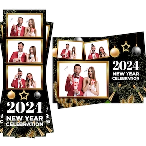 Photobooth Template 2024, 2025, 2026 Neujahrsfeier Champagner Flasche Es sind sowohl der 2x6 Strip, als auch die 4x6 Postkartendateien enthalten