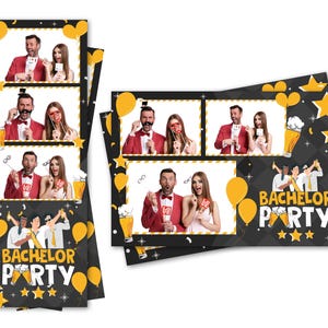 Modelo de cabine de fotos, estrelas da despedida de solteiro, balões de cerveja, tiras de 2x6 e arquivos de cartão postal de 4x6 estão incluídos