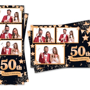 Plantilla para fotomatón para 30, 40, 50 y más años, feliz cumpleaños, celebración de estrellas doradas. Se incluyen archivos de tiras de 2 x 6 y postales de 4 x 6