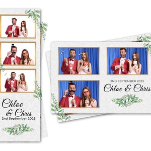 Modelo de cabine fotográfica elegante com folhas verdes de casamento, arquivos de cartão postal 2x6 e 4x6 estão incluídos
