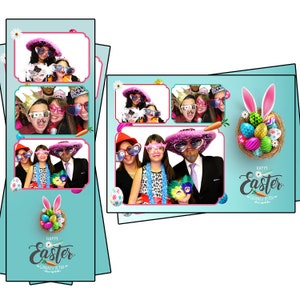 Modelo de cabine fotográfica com orelhas de coelho e cesta de ovos de Páscoa, arquivos de tira 2x6 e de cartão postal 4x6 estão incluídos