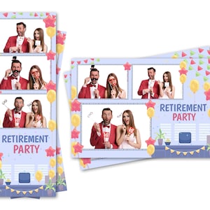 Modelo de cabine de fotos, balões para festa de aposentadoria, cupcake, escritório, tiras de 2x6 e arquivos de cartão postal de 4x6 estão incluídos