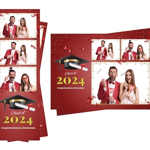 Photo Booth Vorlage Abschlussklasse Gold Text Diplom Hut Rot Jahre 2024, 2025, & 2026 Sowohl 2x6 Streifen als auch 4x6 Postkartendateien sind enthalten