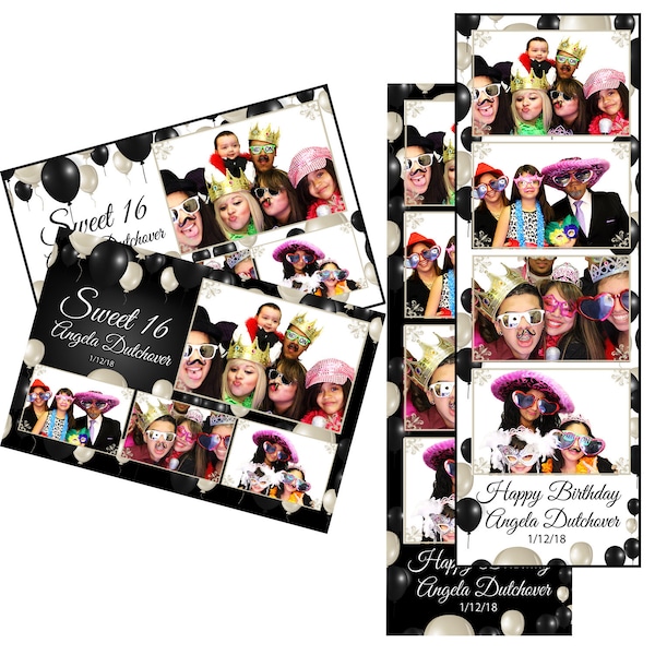 Photo Booth Template Birthday Party Black And White Balloons 2 Colors Both 2x6 Strip and 4x6 Postcard Files Are Included