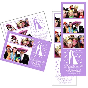 Modelo de cabine de fotos casamento noiva noivo casal silhueta corações 2 cores roxo branco arquivos de cartão postal 2x6 e 4x6 estão incluídos
