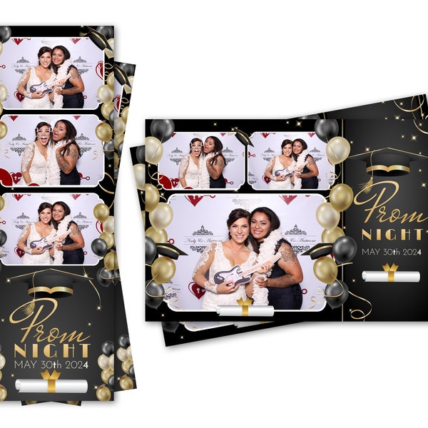 Photo Booth Template Prom Night Graduation Hat Glitter Gold Black Balloons Both 2x6 Strip and 4x6 Postcard Files Are Included