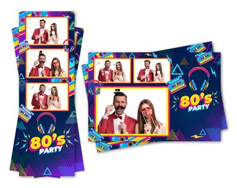 Puede incluir: Un telón de fondo de cabina de fotos con fondo azul y formas geométricas de colores. El telón de fondo presenta una cinta de casete, auriculares y el texto "80's Party".