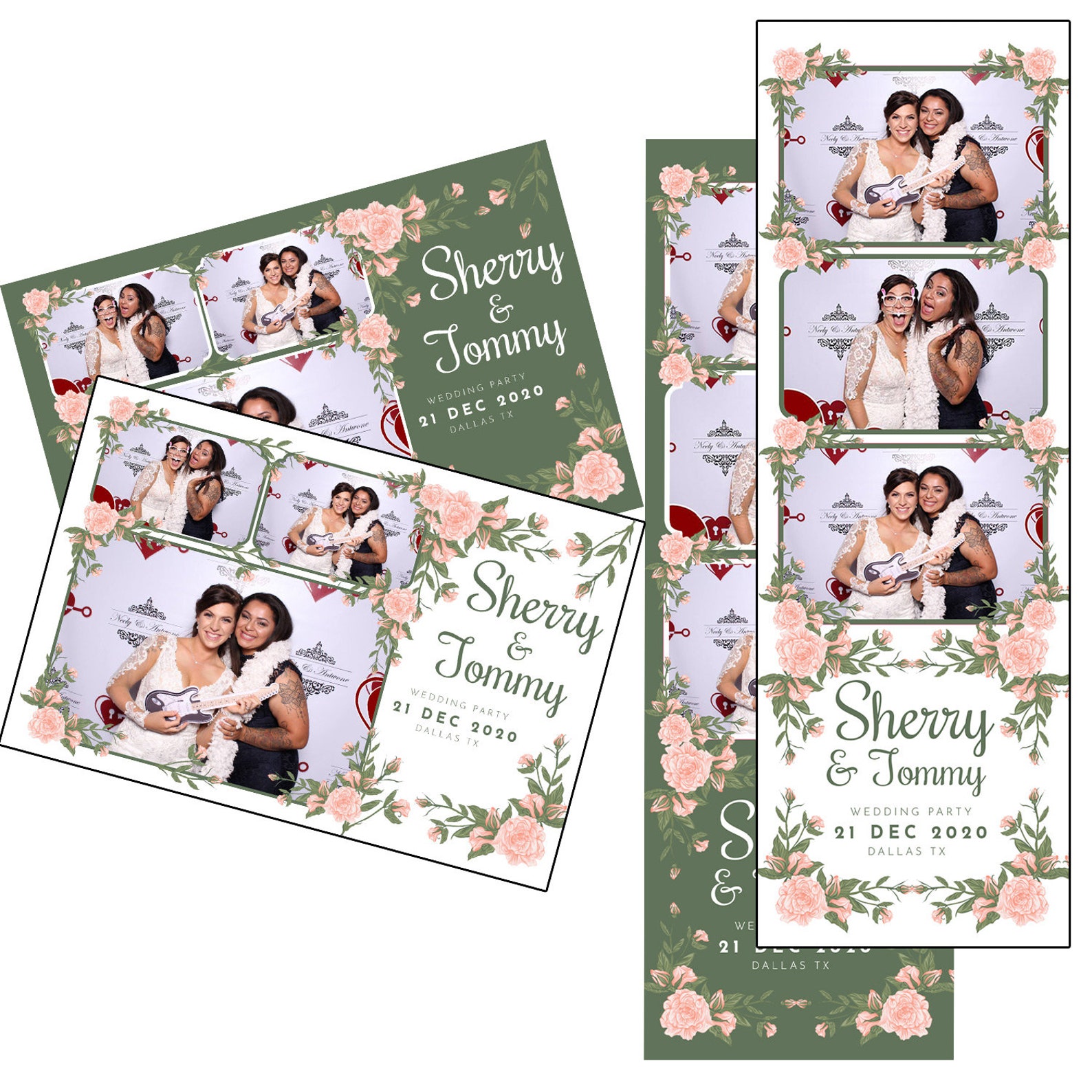 Photo Booth Template Wedding Pink Flowers Sketch Green Font