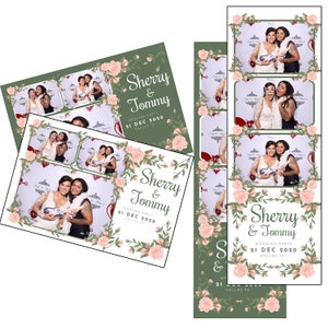 Photobooth Vorlage Hochzeit Rosa Blumen Skizze Grüne Schrift & Hintergrund Beide 2x6 Streifen 4x6 Postkarten Dateien sind Enthalten