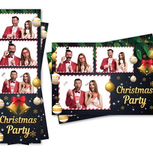 Modelo de cabine de fotos Festa de Natal Texto dourado Sinos Flocos de neve Enfeites Ambos os arquivos de tiras de 2x6 e cartões postais de 4x6 estão incluídos