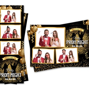 Plantilla para fotomatón, fiesta de graduación, baile de graduación, globos dorados, tiras de 2x6 y archivos de postal de 4x6 incluidos.