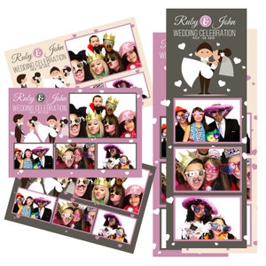 Modelo de cabine de fotos Desenho animado de casamento Noiva Noivo Desenho animado com corações pequenos 3 cores Arquivos de cartão postal 2x6 e 4x6 estão incluídos