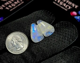 21x13x5mm, Clear Moonstone Gemstone Match Pair, Polished Moonstone Pair, Blue Flash Moonstone Earrings Stones, Rainbow Moonstone Cabochon