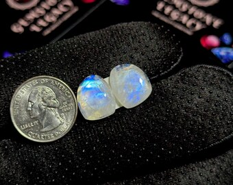 16x13x4mm, Clear Moonstone Gemstone Match Pair, Polished Moonstone Pair, Blue Flash Moonstone Earrings Stones, Rainbow Moonstone Cabochon