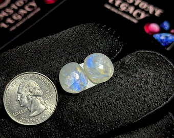 14x13x4mm, Clear Moonstone Gemstone Match Pair, Polished Moonstone Pair, Blue Flash Moonstone Earrings Stones, Rainbow Moonstone Cabochon