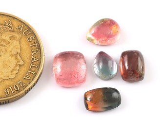 5 Piece, Natural Tourmaline Stone, Bi-color Tourmaline Cabochon, Tourmaline Loose Cabochon Gemstone, Tourmaline Jewelry, SIZE - 8x6mm-9x8mm