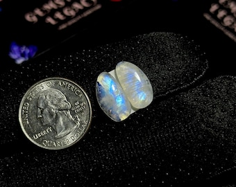 17x9x4.5mm, Clear Moonstone Gemstone Match Pair, Polished Moonstone Pair, Blue Flash Moonstone Earrings Stones, Rainbow Moonstone Cabochon