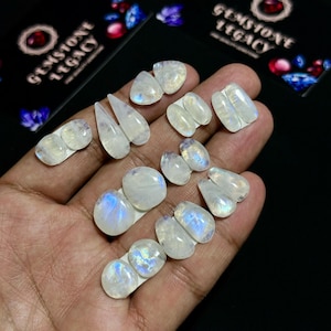 10 Pairs Lot, Rainbow Moonstone Gemstone Cabochon, Blue Fire Moonstone Pair, Flashy Moonstone Loose Gemstone Lot, SIZE - 10x10x3mm-21x8x4mm