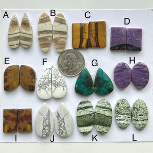 May include: Twelve pairs of cabochon gemstone slices, labelled A to L, arranged on a white surface. The gemstones are various colours and patterns, including brown, white, green, purple, and yellow.
