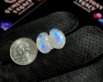 18x13x5mm, Clear Moonstone Gemstone Match Pair, Polished Moonstone Pair, Blue Flash Moonstone Earrings Stones, Rainbow Moonstone Cabochon