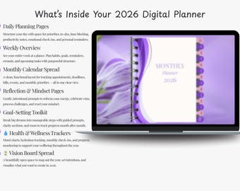 Paarse digitale planner 2026, wekelijks en maandelijks, stemmingstracker (pdf)