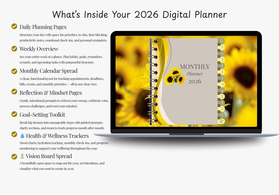 Yellow 2026 Digital Planner, Monthly Weekly Organizer (fillable PDF) - Etsy