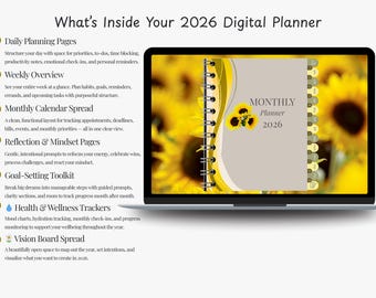 Gele digitale planner 2026, maandelijkse wekelijkse agenda (invulbare pdf)