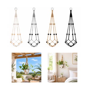 May include: Four macrame plant hangers in cream, grey, tan, and black, each featuring a metal ring at the top, knotted cord construction, and decorative wooden beads. Two additional scenes show the tan hanger holding a potted plant in a patio setting and a bedroom.