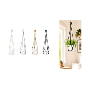 May include: Four macrame plant hangers in cream, grey, tan, and black, each featuring wooden beads and a knotted cord design. Each hanger holds a white ceramic pot. One black hanger is shown suspended from a ceiling with a green plant inside.