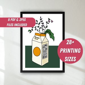 Jugo de naranja arte abstracto cartón jarrón impresión de moda flor verde arte maximalista ramo único cartel silenciado 60s trabajo contemporáneo retro