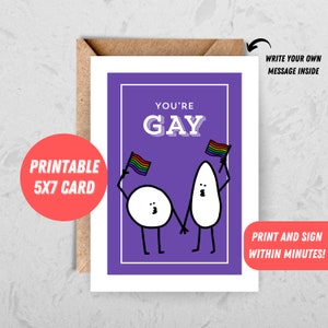 You're Gay Grußkarte Regenbogen Flagge Pride Karte Lustige Cartoon digitaler Download Süße Silly Queer Karte Freches Küssen Gesicht druckbare Postkarte