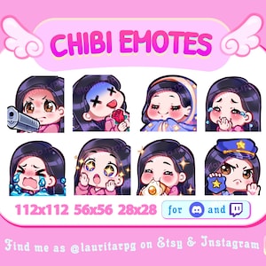 Cute Chibi Girl Emote Pack for Twitch  / Straight Black Hair, Brown Eyes and Fair Skin / Pack 1