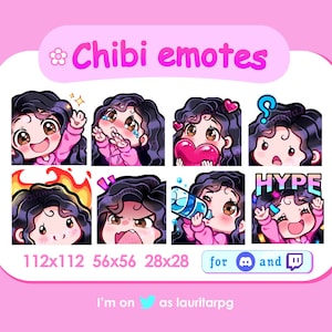 Cute Chibi Girl Emote Pack for Twitch /Curly Black Hair with Bangs, Brown Eyes and Fair Skin / Set 2