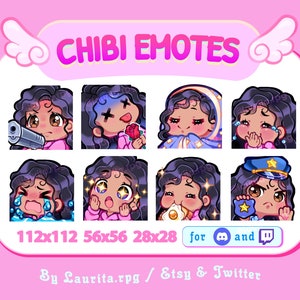Twitch 用のかわいいちびガール エモート / 巻き毛の黒髪、茶色の目、褐色の肌 / セット 1