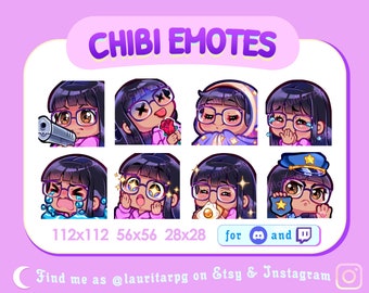 Cute Chibi Girl with Square Glasses Emote Pack for Twitch  / Straight Black Hair with Bangs, Brown Eyes and Tan Skin / Pack 1