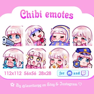 Cute Chibi Girl Emote Pack for Twitch and Discord  / Straight White Pearly Hair with Bangs, Blue Eyes and Fair Skin / Set 1
