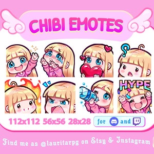 Chibi Girl Emote Pack für Twitch / Straight Blonde Hair with Bangs, Blue Eyes and Fair Skin / Pack 2