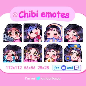 Twitch 用のかわいいちびガール エモート パック / 前髪のある黒い巻き毛、茶色の目、白い肌 / セット 1