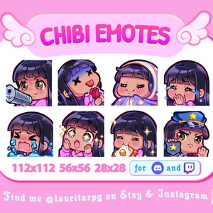 Twitch 用のかわいいちびガール エモート パック / 前髪のあるストレートな黒髪、茶色の目、褐色の肌 / パック 1