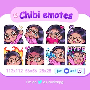 Twitch 用の丸メガネをかけたかわいいちびガールのエモート / 前髪のあるストレートの黒髪、茶色の目、日焼けした肌 / パック 2