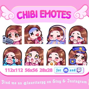 Cute Chibi Girl Emote Pack for Twitch  / Straight Brown Hair, Brown Eyes and Fair Skin / Pack 1