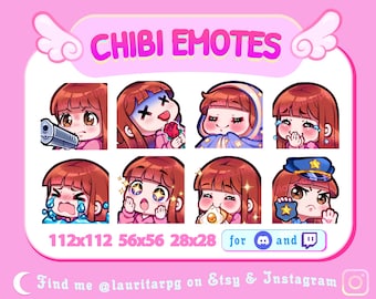 Cute Chibi Girl Emote Pack for Twitch  / Straight Red Hair with Bangs, Brown Eyes and Fair Skin / Pack 1