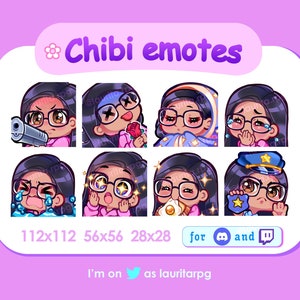 Twitch 用の半月型メガネをかけたかわいいちびガールのエモート / ストレートな黒髪、茶色の目、褐色の肌 / パック 1