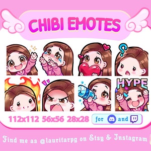 Lindo Chibi Girl Emote Pack para Twitch / Cabello Castaño Lacio, Ojos Marrones y Piel Clara / Pack 2