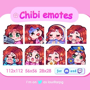 Cute Chibi Girl Emote Pack for Twitch  / Curly Red Hair with Bangs, Green Eyes and Fair Skin / Pack 1