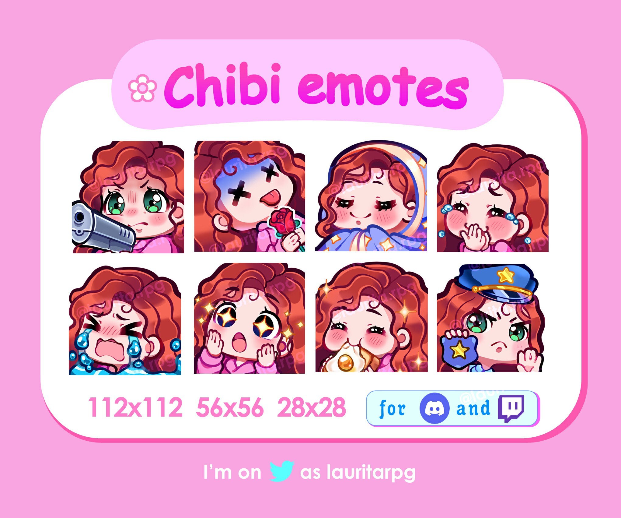 Cute Chibi Girl Emote Pack for Twitch  / Curly Red Hair with Bangs, Green Eyes and Fair Skin / Pack 1