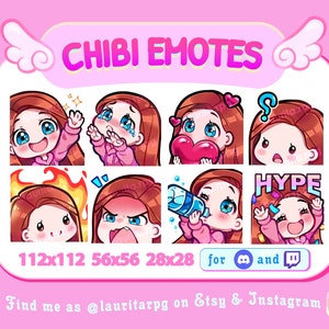 Cute Chibi Girl Emote Pack for Twitch / Straight Red Hair, Blue Eyes and Fair Skin / Set 2