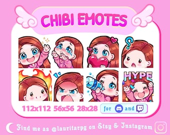 Cute Chibi Girl Emote Pack for Twitch / Straight Red Hair, Blue Eyes and Fair Skin / Set 2