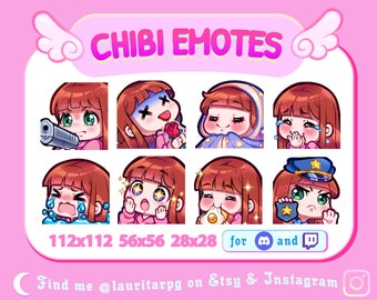 Cute Chibi Girl Emote Pack for Twitch  / Straight Red Hair with Bangs, Green Eyes and Fair Skin / Pack 1