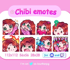 Cute Chibi Girl Emote Pack for Twitch  / Curly Red Hair with Bangs, Green Eyes and Fair Skin / Pack 2